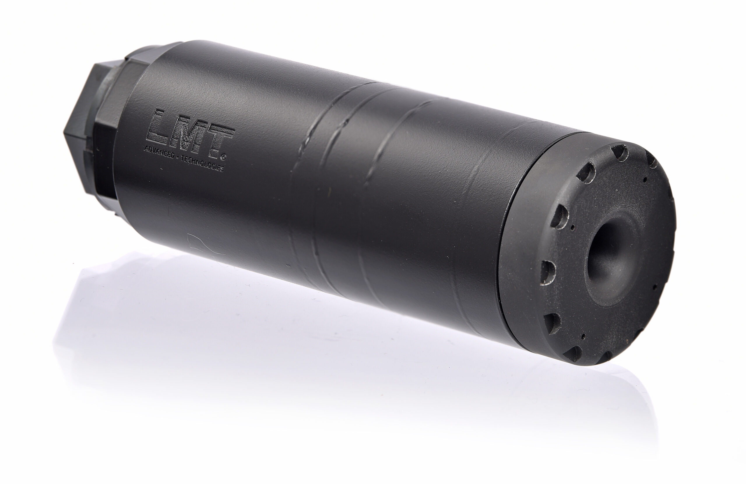 Close-up view of suppressor with LMT Advanced Technologies stamped into the suppressor.